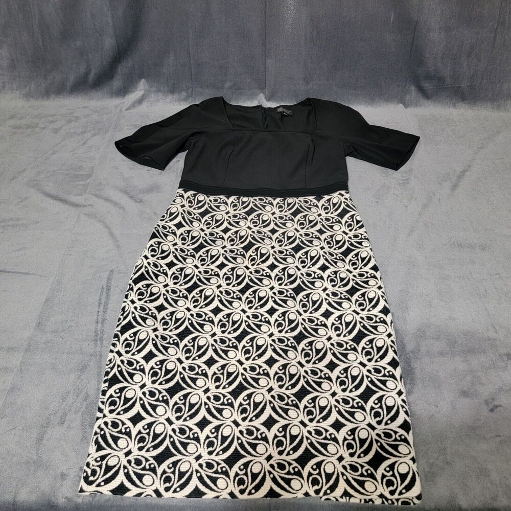 Adrianna Papell Sheath Fitted Dress Cream Floral Square Neck Black Sz 8